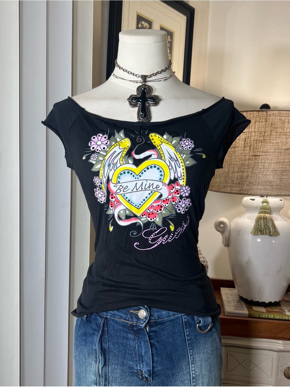 Guess Black Short Sleeve 'Be Mine' Heart Graphic Tee